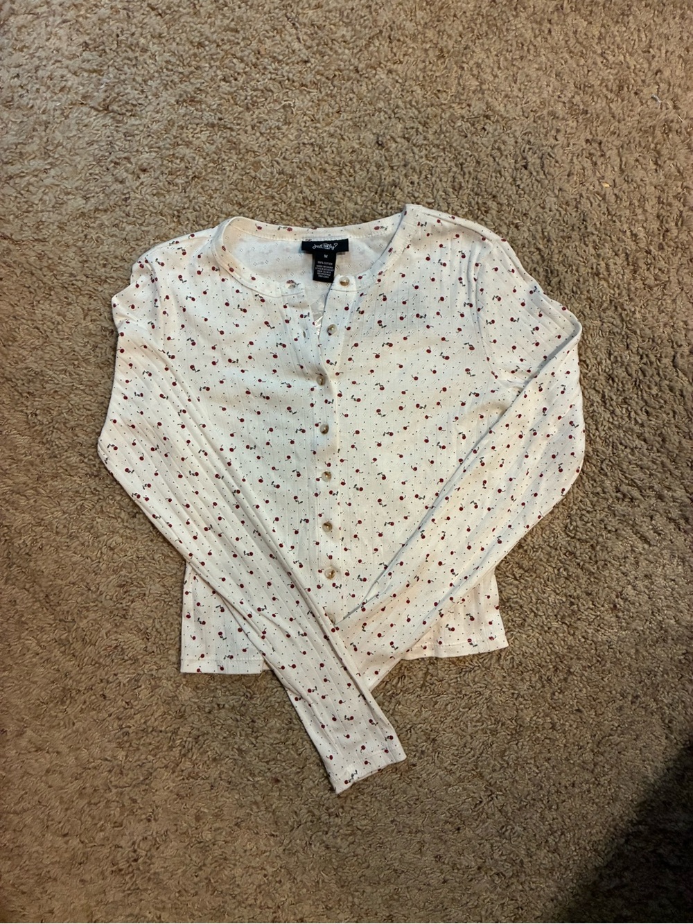 Just Polly White Button-Front Top with Red Dot Floral Print